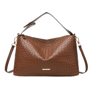 Elegant woven brown tote bag with caramel faux leather texture and golden metal hardware