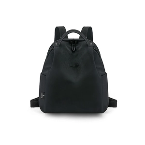 Detail of waterproof black nylon backpack with side pocket and top handle grip