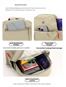 Detail view of khaki nylon backpack showing anti-theft back pocket and multi-pocket interior