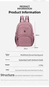 Detailed chart showing pink Oxford fabric backpack dimensions 30x20x10cm and multi-pocket layout