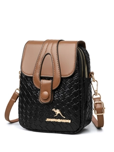 Detail of woven black leather crossbody phone bag with brown flap and gold kangaroo logo
