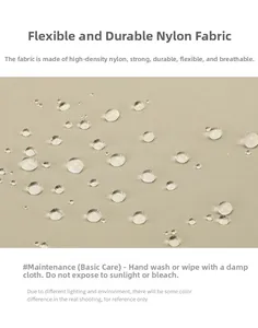 Detailed macro view of water-resistant high-density nylon fabric on a beige backpack