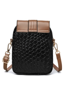 Close-up of black woven phone bag with brown leather strap and golden metal hardware