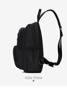 Side view of black multifunctional backpack showing multi-layer zippers and side pocket
