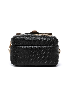 Close-up of black woven leather handbag with gold logo detail and dual compartments