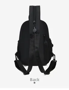 Back view of black waterproof nylon sling bag with anti-theft zipper pocket and straps
