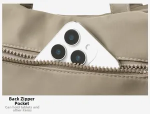 Detail of nylon bag rear zipper pocket showing large capacity with an iPhone for scale