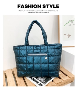 Detail of navy blue quilted tote bag featuring metallic finish and zip pocket