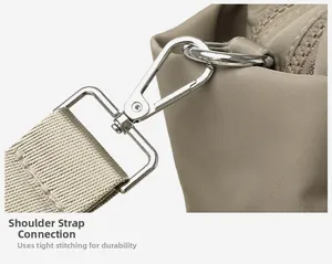 Detail of khaki nylon bag with reinforced stitching and silver metal strap hook