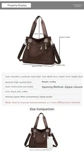 Detail of large brown tote bag showing its suede texture and dimensions comparison