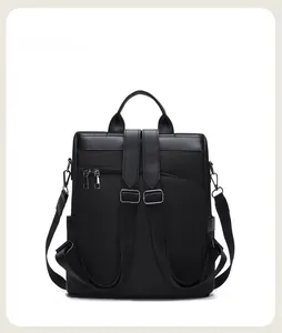 Detail view of the black oxford backpack back with anti-theft hidden pocket and straps