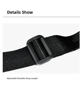Macro detail of adjustable black nylon shoulder strap with plastic buckle on travel backpack
