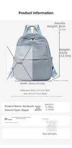 Spécifications détaillées de taille pour le sac à dos de voyage en nylon bleu clair