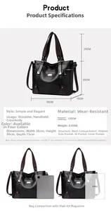 Tableau des tailles détaillé du grand sac cabas en cuir noir avec dimensions et poids total