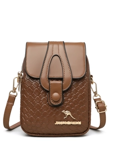 Detail of dark brown crossbody bag featuring woven texture and gold kangaroo logo