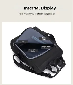 Detail view of Oxford fabric backpack interior with multi-pocket layout and blue lining