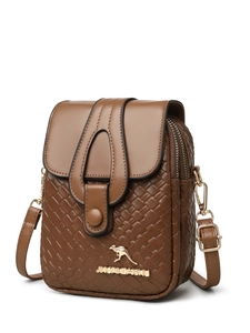 Detail of brown woven shoulder bag with dual zippers and golden kangaroo logo emblem