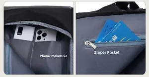 Detail view of the backpack's internal compartments showing dual phone pockets and a zipper bag