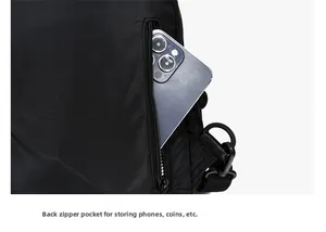 Detail of travel backpack back zipper pocket for phone and secure storage features