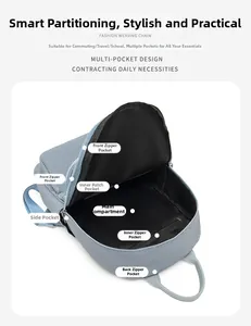 Vue détaillée de l'intérieur à compartiments multiples et des poches de rangement d'un sac bleu