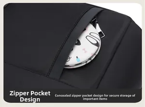 Detail of water-resistant oxford fabric backpack featuring a hidden anti-theft zipper pocket