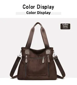 Detail view of coffee brown tote bag featuring multiple front zip pockets and bronze hardware