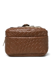 Detail of dark brown woven leather texture with gold metal plate and zipper closure