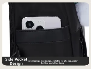 Detail of backpack side pocket with white smartphone and furry ball charm accessory