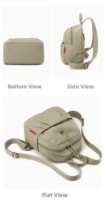 Three perspectives showing the pleated water-resistant nylon fabric and metallic logo detail