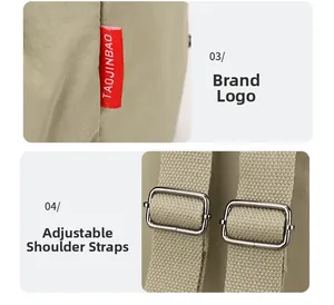 Detail of adjustable woven shoulder strap and logo tag on oxford canvas backpack