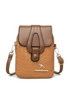 Detail of woven texture and golden kangaroo logo on brown crossbody phone bag