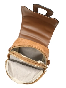 Detail of woven brown PU leather bag showing double zipper pockets and herringbone lining