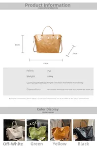 Detailed size chart and four-color display of the large capacity PVC tote bag with dimensions