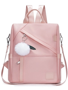 Pink waterproof Oxford cloth backpack with anti-theft design and plush ball charm