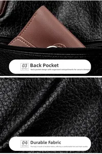 Gros plan d'un sac cabas en cuir noir avec poche zippée arrière et texture en cuir grainé