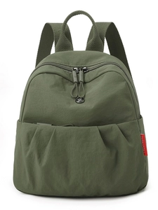 Army green nylon backpack with pleated design and lightweight fabric for women