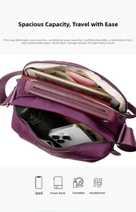 Interior view showing the large capacity and multiple compartments of the purple nylon bag