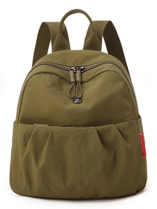 Olive green lightweight nylon mini backpack for women with stylish pleated front pocket