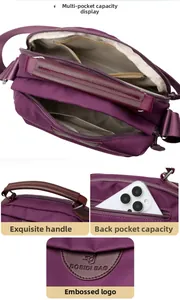 Detail of purple oxford crossbody bag showing multi-pocket structure and SOSIDI BAG logo