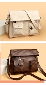Detailed texture of retro PU leather shoulder bags with front pockets and adjustable strap