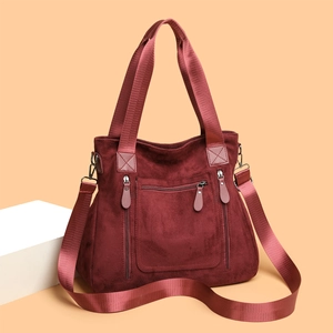 Large capacity burgundy suede tote bag with stylish zipper pockets and nylon strap