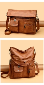 Detail of vintage brown PU leather tote bag showing convertible folding design and silver hardware