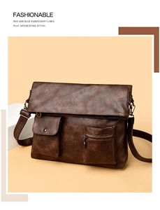 Detail view of vintage brown PU leather messenger bag with flap pockets and adjustable strap