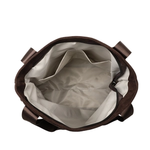 Large capacity dark brown tote bag with grey herringbone lining and zipper closure