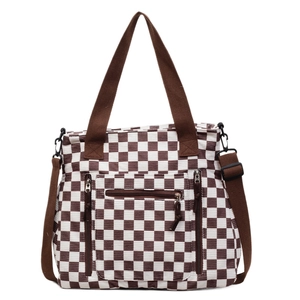 Brown checkerboard corduroy tote bag with triple front pockets and adjustable strap