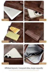 Detailed view of dark brown vintage tote bag compartments with striped lining and pockets