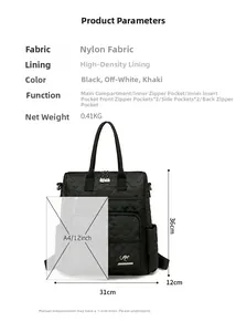 Detail of nylon backpack dimensions and multi-pocket structure for commute