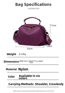 Detail showing purple nylon bag dimensions 25x17x14cm with weight of 0.23kg