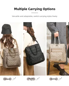 Detailed views of quilted nylon backpack in brown, black and beige with multi-way straps