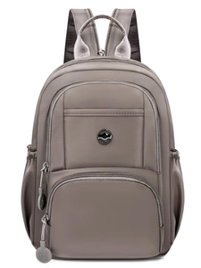 Minimalist unisex nylon backpack in brown-grey with front zipper and side pockets